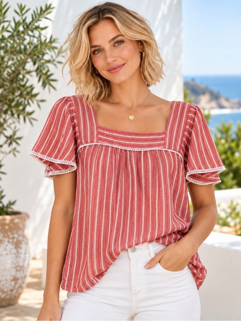St John’s Bay XL Red White Striped Square Neck Flutter Sleeve Blouse
